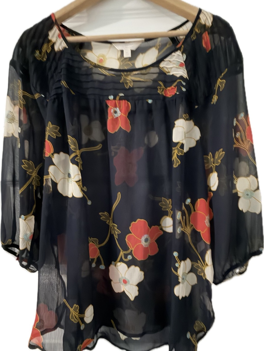 LC Lauren Conrad Navy Sheer Floral Blouse with Red & White Flowers